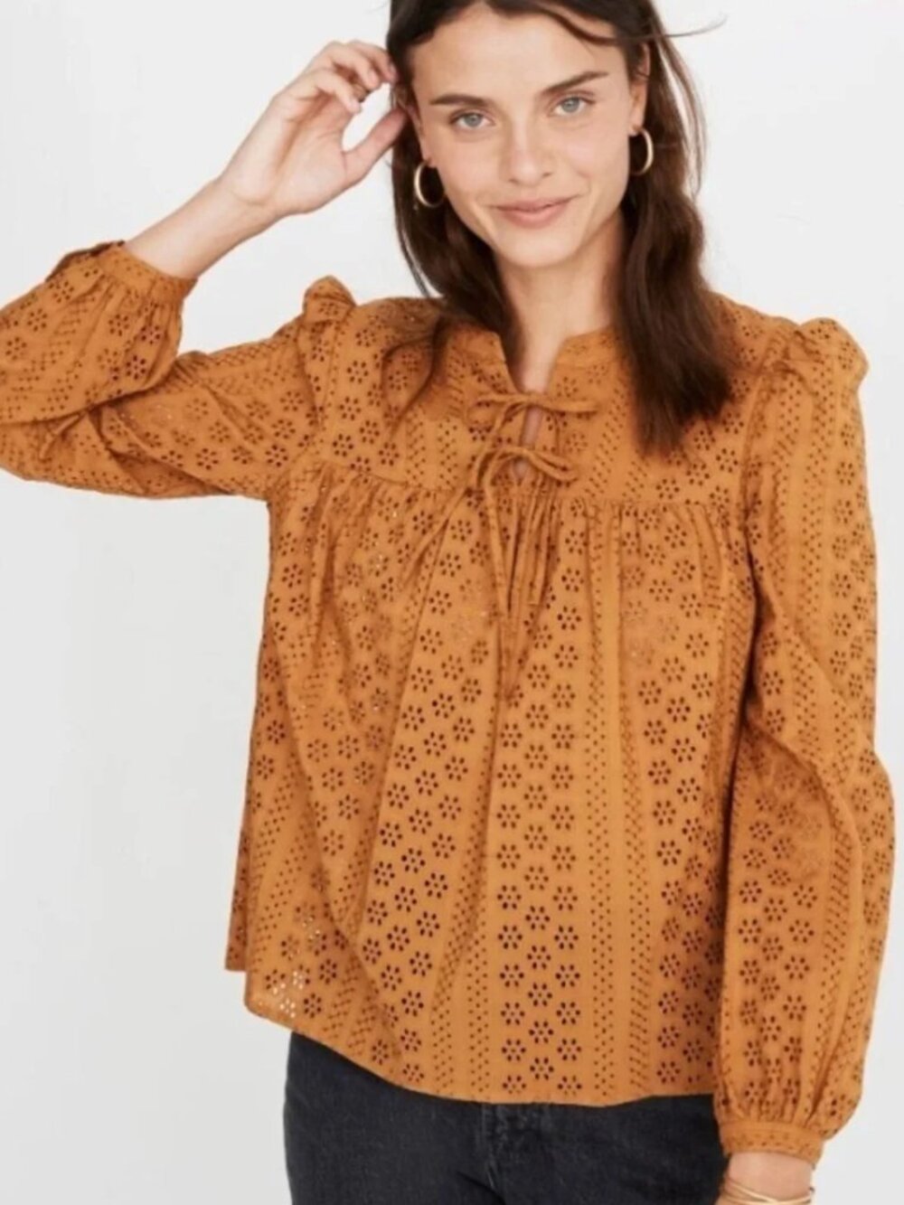 Madewell | Eyelet Double-Tie Peasant Top in Carrot Cake Orange Tan | Size XS